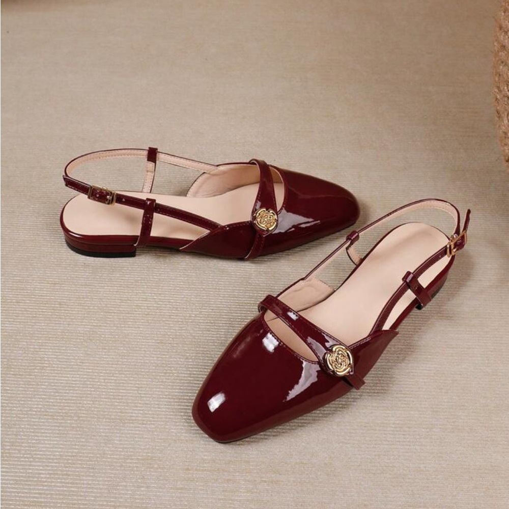 Burgundy, maroon, dark red Round toe Mary Jane style slingback faux patent flats - Picture 3 of 5